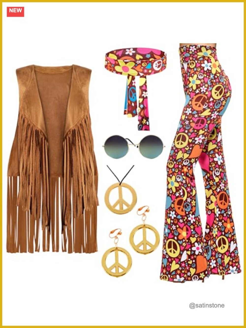 Hippie Costume Set Vest Pants Bandana Necklace Earrings Glasses 70s Disco